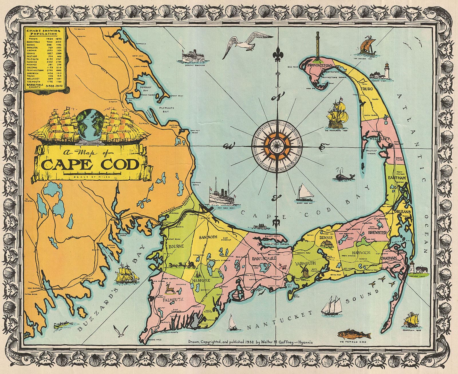 A pictorial map of Cape Cod drawn and published in 1932 by Walter M. Gaffney of Hyannis. Towns including Barnstable and Hyannis are colored and labeled. It is a twentieth-century picture of the cape, not a chart of 1638.