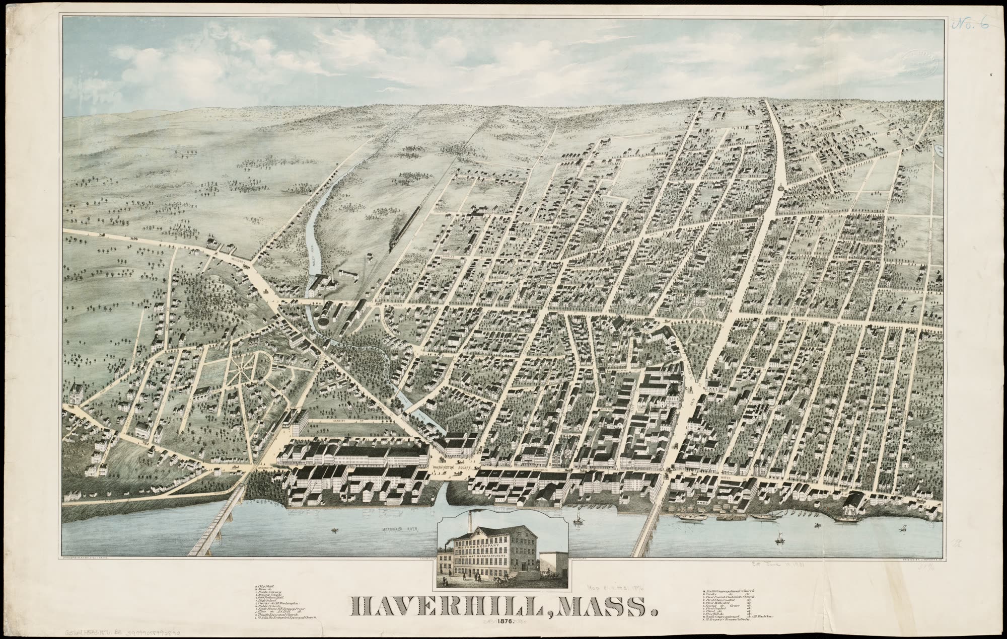 Bird’s-eye view of Haverhill, Massachusetts, drawn in 1876 by H. H. Bailey and J. C. Hazen: a dense nineteenth-century city along the Merrimack, not the village of 1697.