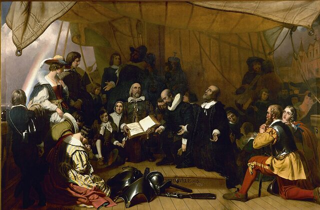 Historical painting of pilgrims embarking by ship