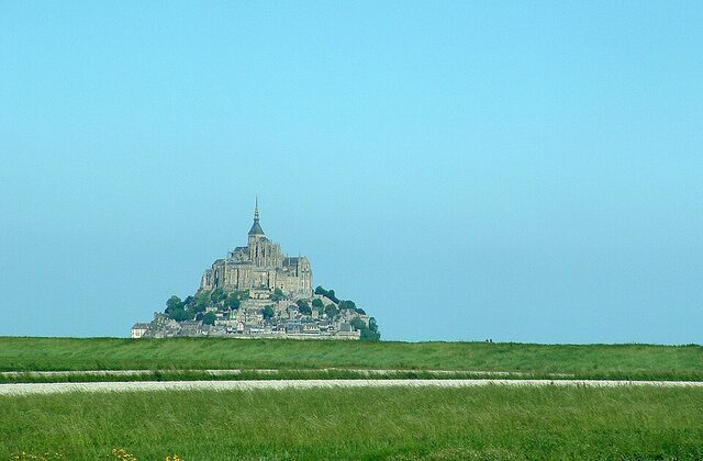 Mont Saint-Michel rising from the tidal flats