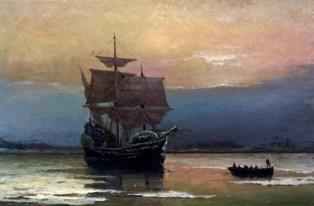 Painting of the Mayflower at sea near Plymouth Harbor
